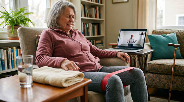 Senior Woman Doing Resistance Band Exercises During a Telehealth Physical Therapy Call