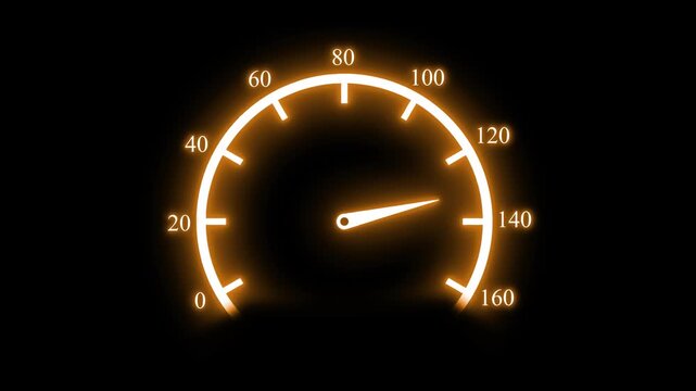 Glowing speedometer gauge on a black background, showing rising speed and motion animation