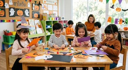 Obraz premium Preschool kids creating spooky paper decorations for Halloween party