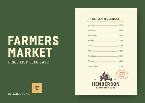 Green garden vegetable farmers market price list template vector logo with editable text helps local grocers manage organic food costs, providing a clean rustic layout for retail stands