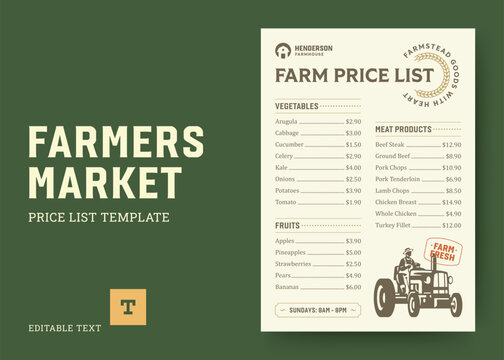 Farmstead produce price list template vector logo with editable text helps local growers and butchers organize retail grocery costs in a rustic green tractor agricultural design layout