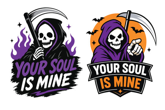 Grim reaper your soul is mine halloween design with scythe and fire halloween celebration illustration character mystical grimreaper seasonal festival