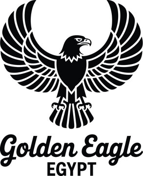 Golden eagle emblem with spread wings, majestic bird of prey silhouette for sports mascot or heraldic shield badge design, black and white vector art
