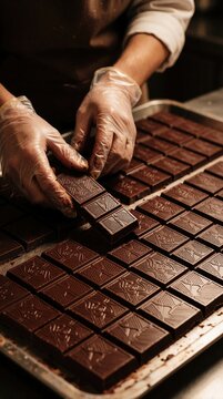 Chef hands in clear gloves arrange dark chocolate bars on metal tray. Worker prepares gourmet sweets in kitchen bakery. Rows of brown cocoa snacks with geometric patterns sit on table. Professional