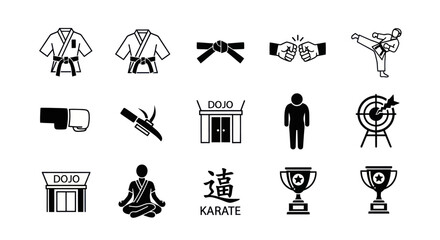 A collection of martial arts and combat sports icons including karate uniforms, belts, sparring, and training equipment © Mewtwo