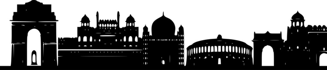 Fototapeta premium Black silhouette panoramic skyline of iconic Indian monuments featuring India Gate Red Fort Taj Mahal Qutub Minar Lotus Temple and historic architecture, flat vector cityscape illustration perfect for