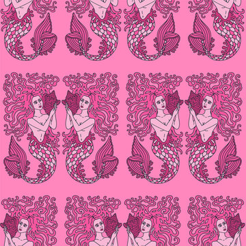 Vibrant pink seamless damask pattern with mirrored mermaids holding sea shells. Bold maximalist nautical line art