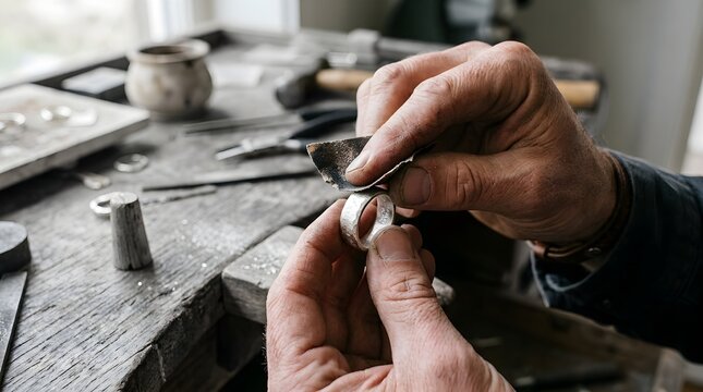Artisan jeweler polishing silver ring, goldsmith hands at workbench, jewelry making process