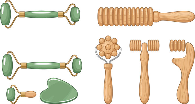 Set of Facial Massage Tools Featuring Jade Rollers Gua Sha Stones and Wooden Textured Rollers for Skin Care and Holistic Beauty Routine
