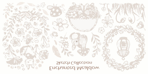 enchanted meadow sketch collection with nature elements flowers leaves ladybug acorn lantern wreath © Bipul