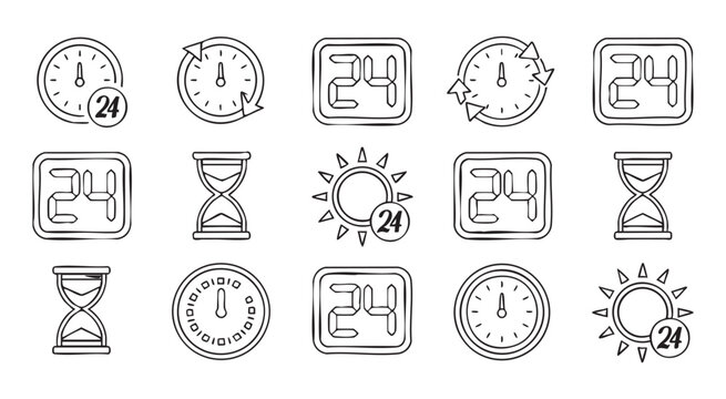 Large set of fifteen twenty four hour service icons featuring clocks hourglasses and sun symbols.