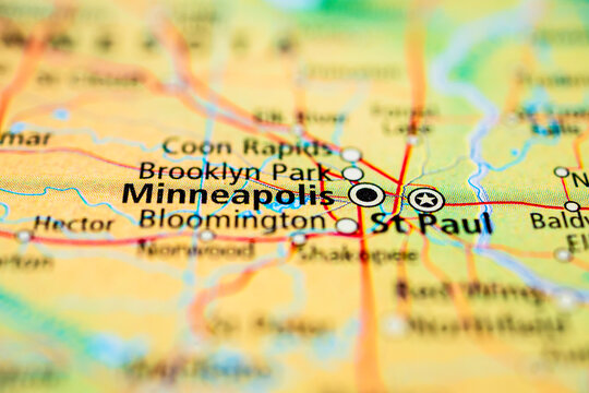 Minneapolis and St Paul Minnesota twin cities on vintage map close up.
