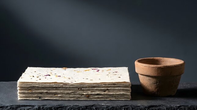 Stack of traditional matzah bread with a small clay pot on a dark background