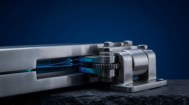 Close up of industrial metal machinery part with blue glowing fiber optic cables inside