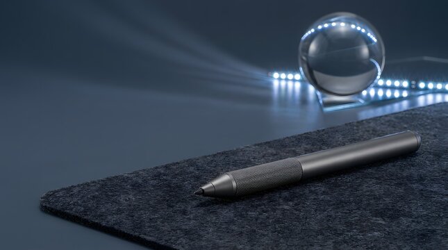 A sleek metal pen resting on a dark textured surface with a glass sphere