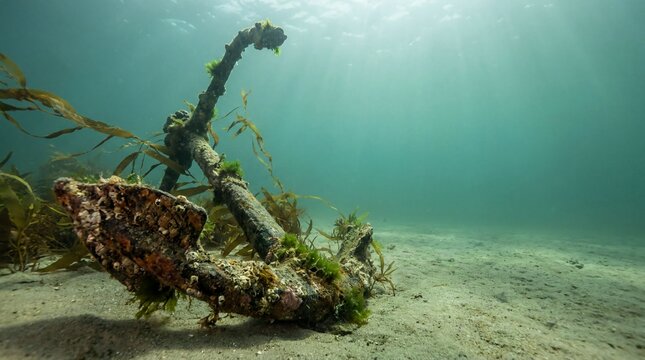 Marine life encounters, an aged anchor covered in barnacles lies on the sandy seabed, surrounded by kelp
