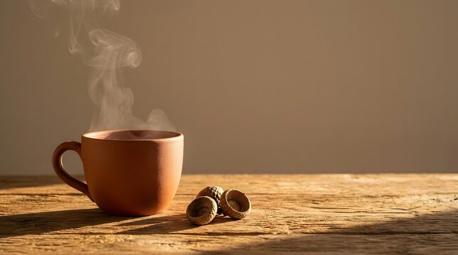 A steaming cup of hot coffee with roasted coffee beans on a rustic wooden table