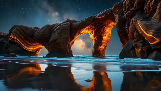 Fantasy landscape with glowing tigers eye gemstone archways on a reflective beach under a starry cosmic sky