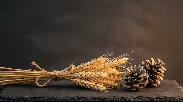 A rustic bundle of dried wheat stalks and pine cones on a dark stone surface