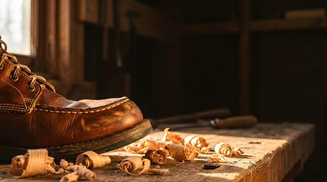 Close up of a wooden plane tool with shavings on a rustic workshop workbench