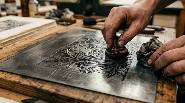 Artisan applying ink to metal plate for intaglio printing