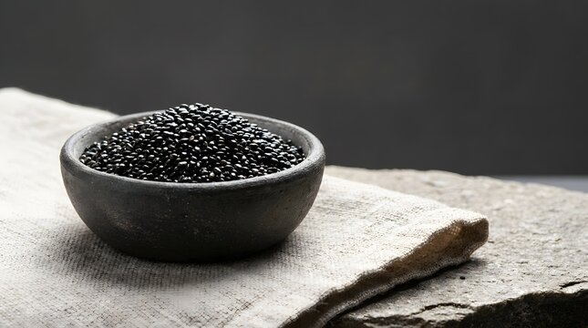 A small dark bowl filled with black caviar served on a rustic stone surface