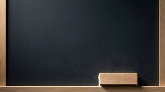 Empty black chalkboard with a wooden frame and an eraser for educational background concepts