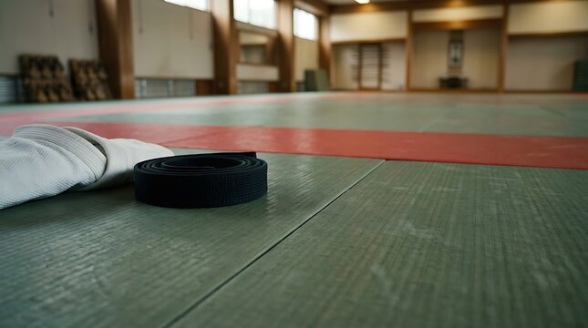 A close-up shot of a black belt on a martial arts mat, ready for training. The background shows a traditional dojo with wooden pillars and soft lighting