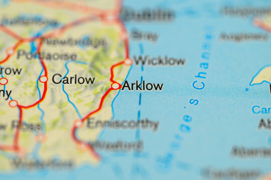 Close up travel map of Arklow and Wicklow coastal route.