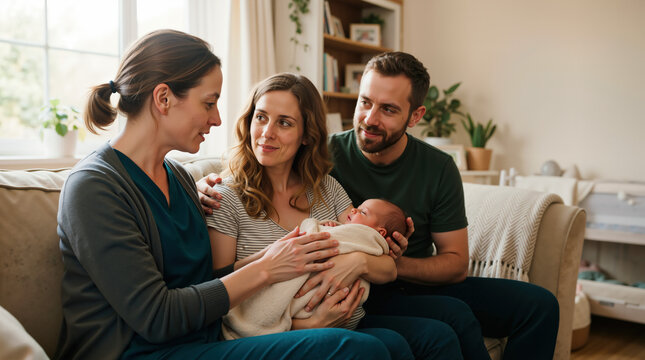 Midwife visiting a young family at home to check on their newborn baby. Professional nurse providing postnatal care to mother and father in living room. Healthcare and postpartum support concept