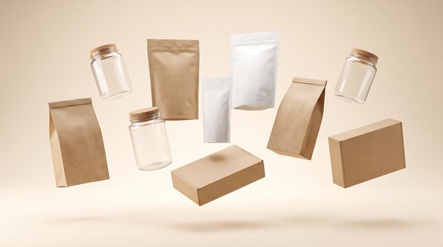 Various blank packaging items floating in air, including brown paper bags, white pouches, glass jars with cork lids, and cardboard boxes, against a light background.