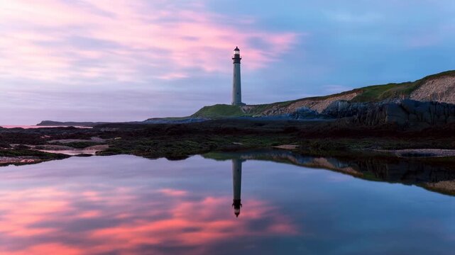 serene lighthouse reflection in rocky cliffside with vibrant blue and pink hues, foreground perspective on natural landscape with vegetation and sky, for nature and landscape.