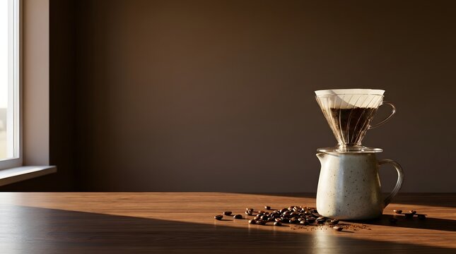 Manual pour over coffee brewing process with fresh roasted beans on a wooden table