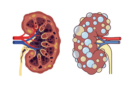 Medical illustration comparing a healthy human kidney with one affected by polycystic kidney disease