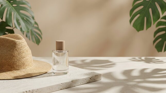 Small glass bottle with essential oil on a stone podium with tropical leaf shadows
