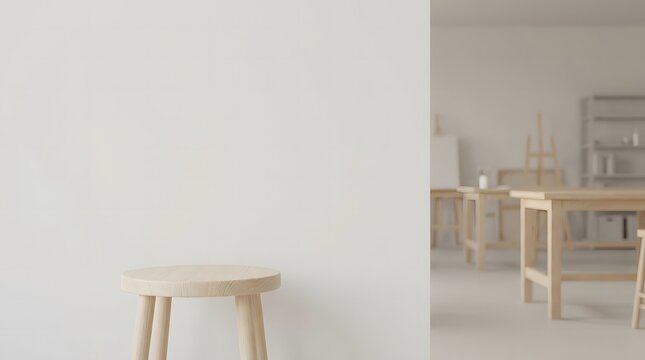 Minimalist interior design featuring a wooden stool against a blank white wall background