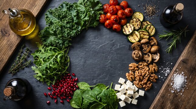 Selection of healthy salad ingredients arranged in circle on dark slate background with kale spinach arugula pomegranate seeds walnuts feta and grilled zucchini.