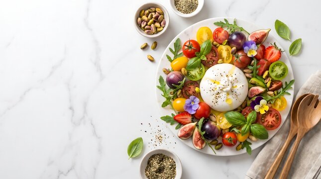 Colorful burrata cheese salad platter on white marble background with fresh heirloom tomatoes figs strawberries pistachios basil edible flowers and olive oil.