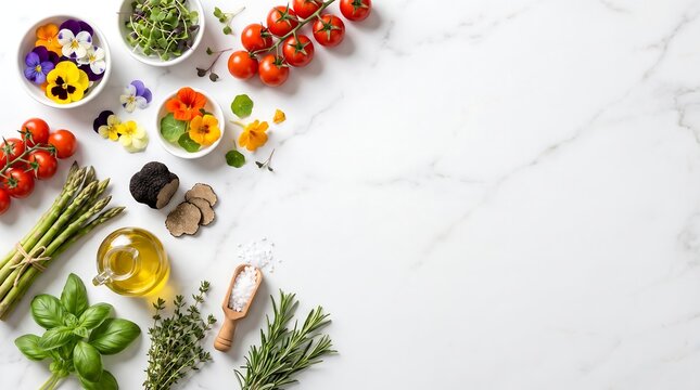 Fresh organic ingredients for cooking on white marble surface including cherry tomatoes asparagus herbs olive oil salt black truffle and edible pansy flowers.