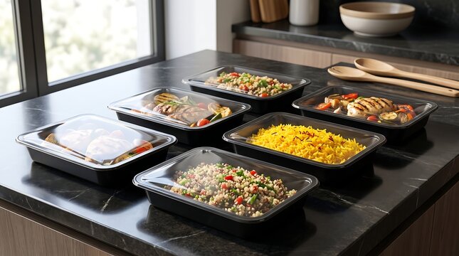 Five meal prep containers with healthy grilled chicken vegetables quinoa and colorful grains displayed on modern dark marble countertop near sunny kitchen window.
