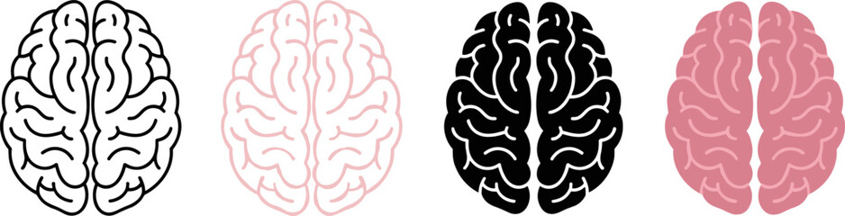 Fototapeta premium Set of four brain icons in different styles, including outline and solid fill versions in black and pink colors