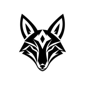 Abstract black and white fox head totem icon with wildlife minimalist illustration symmetrical stylized predator intelligence as isolated PNG