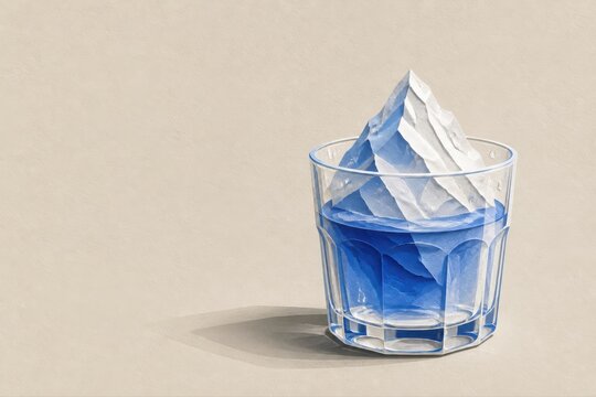 Paper mountain rising from a glass of blue water on a minimalist background
