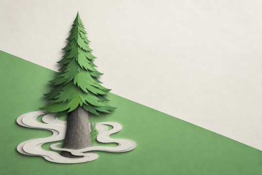 Evergreen tree paper cut scene with layered roots on green background