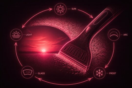 Window cleaning concept with neon squeegee and sunlit glass frost cycle