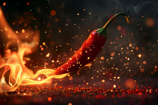 Fiery red chili pepper with flames and sparks in a dark setting