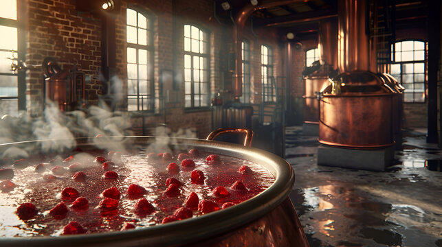 Raspberry brewing process in rustic distillery with copper stills and steam