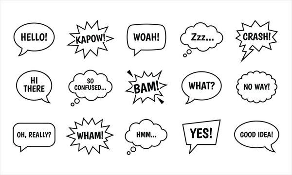 Collection of black and white speech bubbles with various exclamations on a white background bubble