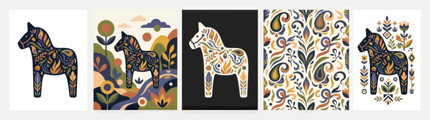 Dala Horse Folk Art Pattern: Traditional Swedish Folk Art Motif with Floral Designs © Adnan