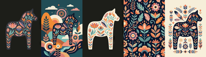 Dalecarlian Horse Folk Art Pattern, Scandinavian Floral Horse Illustration, Swedish Dala Horse Vector Motif © Adnan